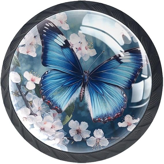 4 Pack Black Drawer Pulls Knobs, Blue Butterfly Cherry Blossoms Cabinet Knobs Round Crystal Glass Dresser Knobs for Kitchen Bathroom Hardware