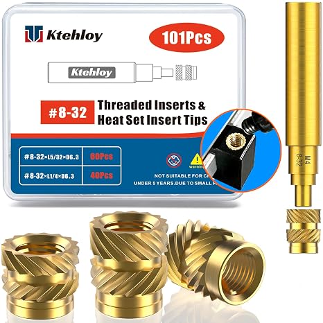 101Pcs Threaded Inserts, Female Thread SAE Knurled Nuts Assortment Kit, Brass Heat Set Insert for Plastic and 3D Printing Components(#8-32×L1/4×D6.3, #8-32×L5/16×D6.3)