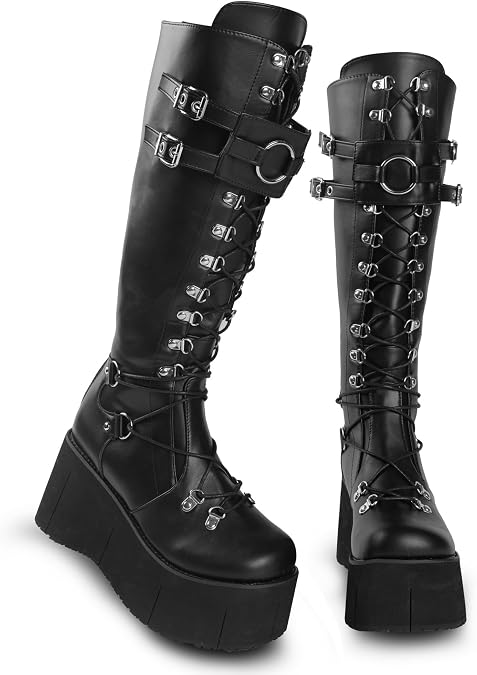 Gothniero High Platform Knee Boots Chunky Heel Wedge Black Boots For Women Combat Goth Punk Motorcycle Booties Zip up With Metal Buckles Size5-11