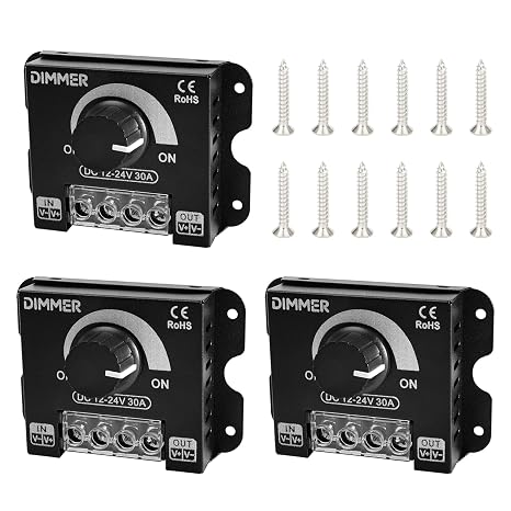 Pack of 3 LED Light Strip Dimmer 12 V DC 12 V – 24 V PWM Brightness Controller Continuous Dimming with Rotary Knob On/Off Function Aluminium Housing for Monochrome LED Strips