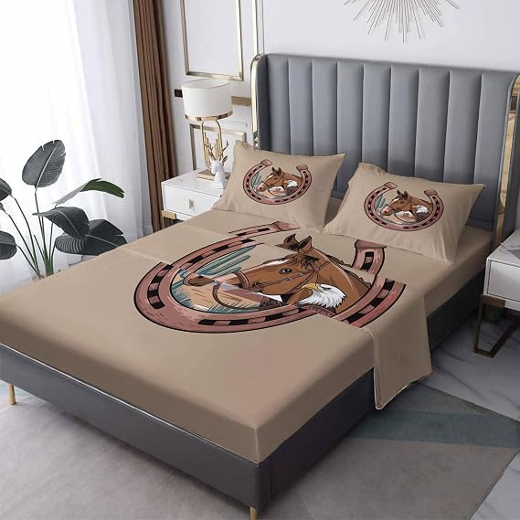 Western Cowboy Kids Sheets Twin XL Sheet Set, Horse Eagle Horseshoe Bed Sheets, Rustic Wildlife Animal Bedding Bedroom Decor, Soft Microfiber Deep Pocket Fitted Sheet & Flat Sheet & 1 Pillowcase