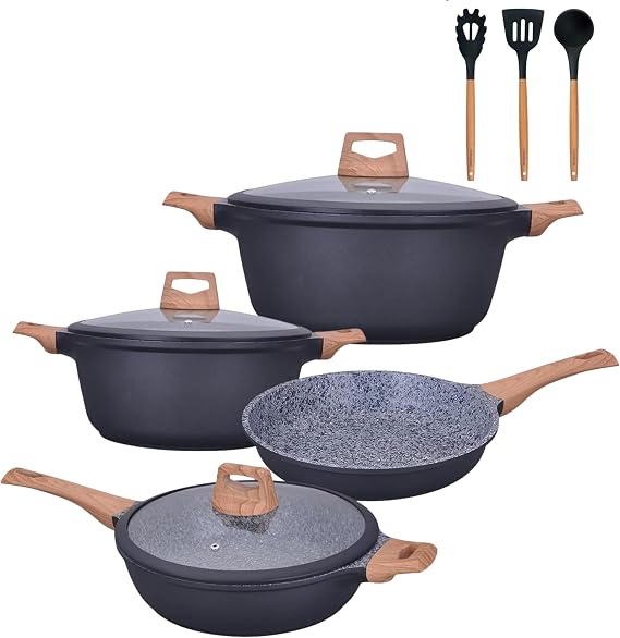Kochstelle 10pcs Pots and Pans Set Nonstick with Wood Handles, Granite Cookware Set, Frying Pan, Saucepan and 3 Cooking Utensils