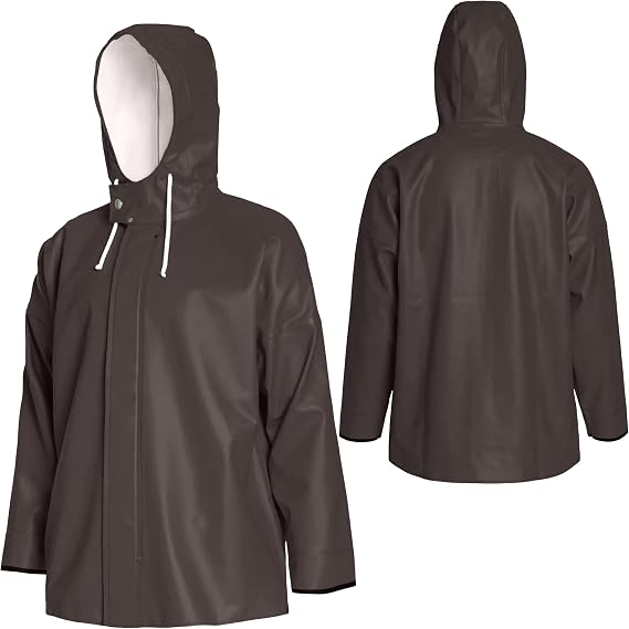 Mens Commercial Fishing Jacket, 0.70mm PU Waterproof Heavy-Duty Rain Gear with Adjustable Hood