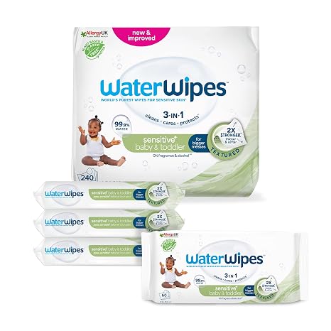 WaterWipes Textured Clean Baby & Toddler Wipes 240 Count (4 Packs) 99.9% Water 3-in-1 Cleaning Care Protection Fragrance-Free Packaging May Vary