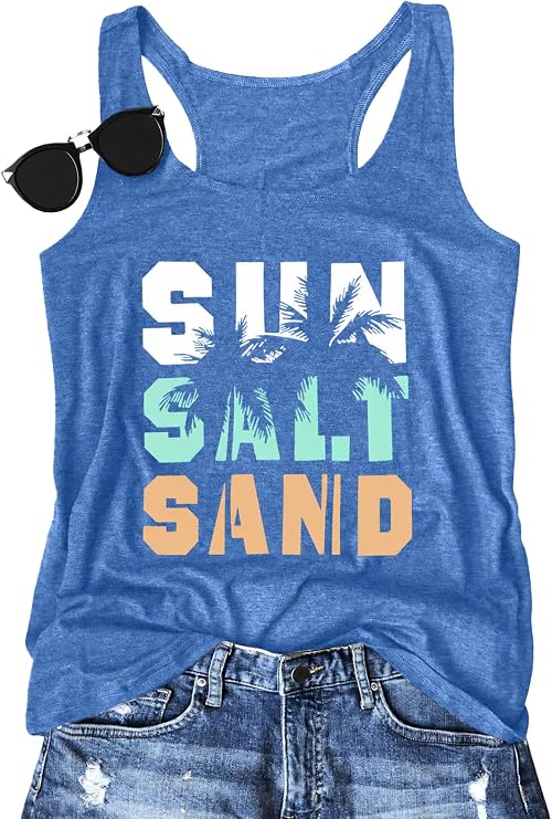 Women Vintage Beach Graphic Racerback Tank Top Summer Vacation Hawaiian Sunset Sun Sand Sleeveless Basic-Fit Shirt Cami