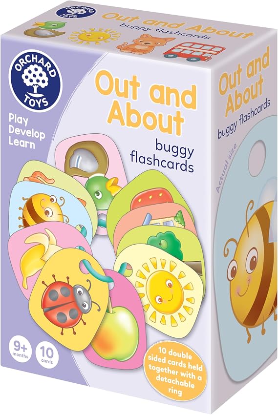Orchard Toys Out and About Buggy Flashcards – 10 Double-Sided, Wipe-Clean Educational Flashcards for Babies and Toddlers – Stroller Clip Toy for Early Learning and Outdoor Fun