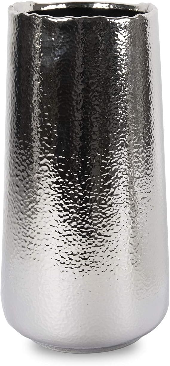 Tall Silver Ceramic Cylinder Planter Decorative Vase for Living Dining Room Elegant Table Centerpiese 15" H x 7" W x 7" L - ZIV Pot