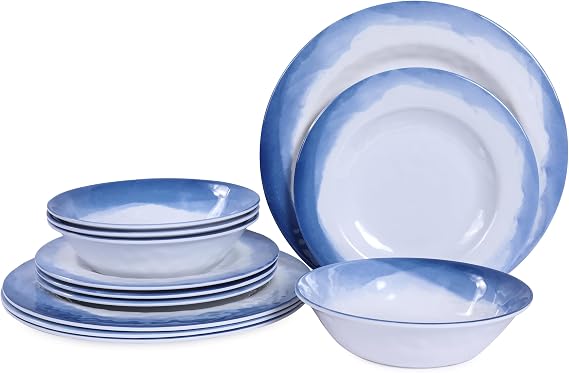 Melamine Dinnerware Sets- 12pcs Melamine Plates and Bowls Set for 4 | Suitable for Indoor and Outdoor Use, Blue Camping Round Dishs, Farmhouse Tableware, Unbreakable & Shatterproof & Lightweight