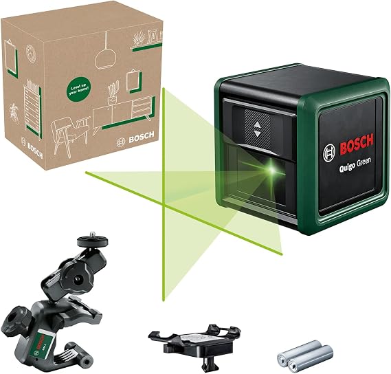 Bosch Home & Garden Quigo Green Çizgi Lazer(Daha İyi Görünürlük için Yeşil Lazer Teknolojisi,+/- 0,6 mm/m'lik iyileştirilmiş hassasiyet ve 12 m'ye kadar çalışma aralığı,Geri Dönüştürülmüş Karton Kutu)