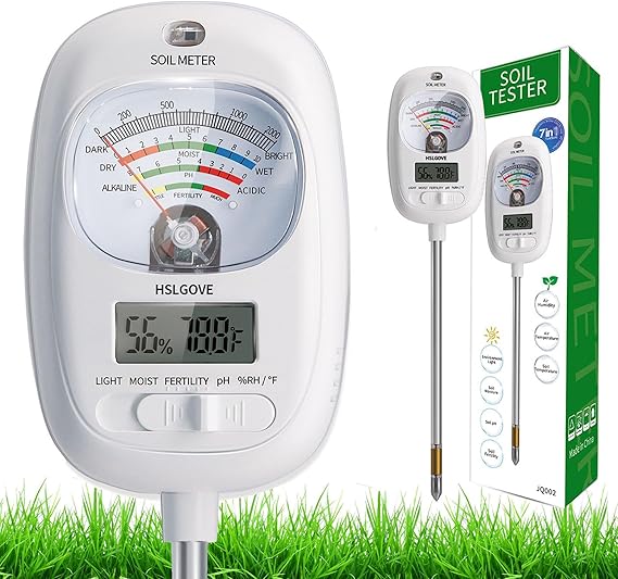 HSLGOVE Soil Test Kit, 7-in-One Soil Moisture Meter/Soil PH Meter/Fertility, Dual Screen Soil Tester w/Digital Soil Temp/Air Temp&Humidity for Plants Gardening,Lawn,Farm Indoor&Outdoor-Lvory White
