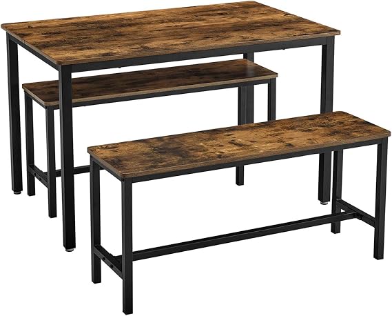 VASAGLE dining Table, 2 benches, set of 3, kitchen Table 70 x 110 x 75 cm, 2 benches each 30 x 97 x 50 cm, steel frame, industrial design, Vintage Brown-Black KDT070B01