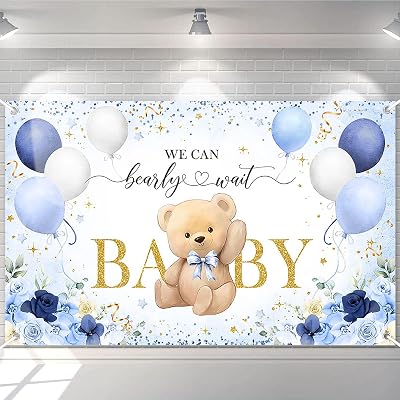 Avezano Bear Baby Shower Backdrop for Boy Blue Flower Balloons We can Bearly Wait Party Banner Bear Baby Shower Party Decorations Banner 6x3.6ft