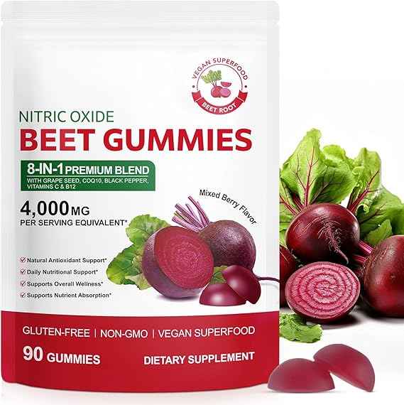 Beetroot Gummies - 8 in 1 Premium Blend Vitamins C& B12 with Grape Seed, Coq10, Black Pepper, for Heart-Healthy Energy, and Increased Nitric Oxide, 90 Gummies