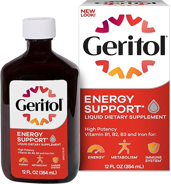 Geritol Liquid Vitamin and Iron Supplement, Energy Support Vitamins, Contains High Potency B-Vitamins and Iron, Easy to Swallow, No Artificial Sweeteners, Non-GMO, 12 Oz