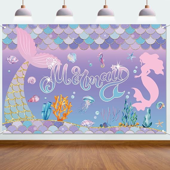 Mermaid Birthday Backdrop Party Decoration - Under The Sea Little Mermaid Background Banner for Girls Princess Mermaid Scales Tails Party Supplies Photography Background Photo Booth, 71 x 47 Inch