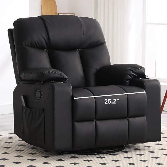 Bonzy Home Oversized Swivel Rocker Recliner, Rocking Recliner Chair, Black