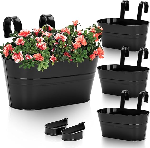 KINGLAKE 4Pcs Metal Hanging Plant Pots, 27cm Black Fence Hanging Planters Flower Pots Holder Large Balcony Planters for Railing Outdoor Garden Home Décor with Detachable Hooks