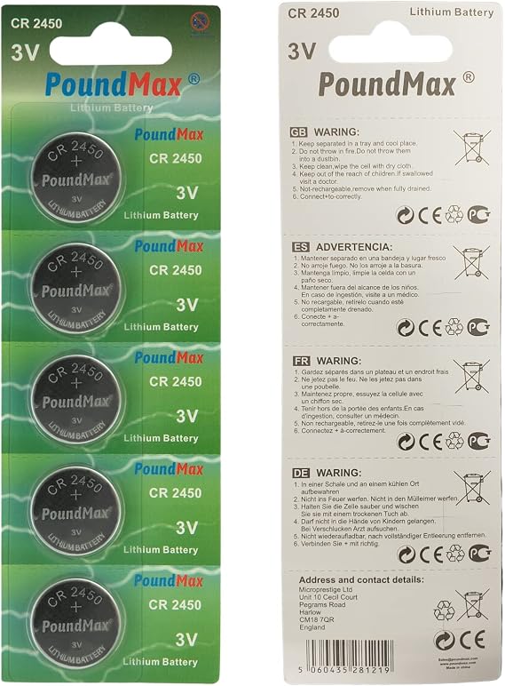 PoundMax CR 2450 Batteries 3v Lithium Button Cell Battery Combo Pack - 5 Count