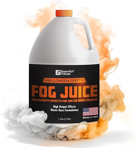 Essential Values Fog Machine Liquid - High Density Party Fog Juice (128 FL OZ / 1 Gallon) for Water Based Foggers, Perfect for 400 Watt - 1500 W Machines Manufactured in USA