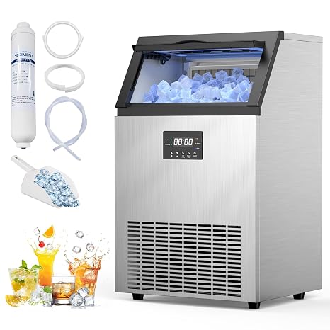 Ice Maker Commercial 200Lbs/24H, Commercial Ice Machine 50 LBS Storage Bin, 55 Ice Cubes in 8-12 Mins Under Counter Ice Maker Machine for Bar, Coffee Shop, Thicknesses Adjustable