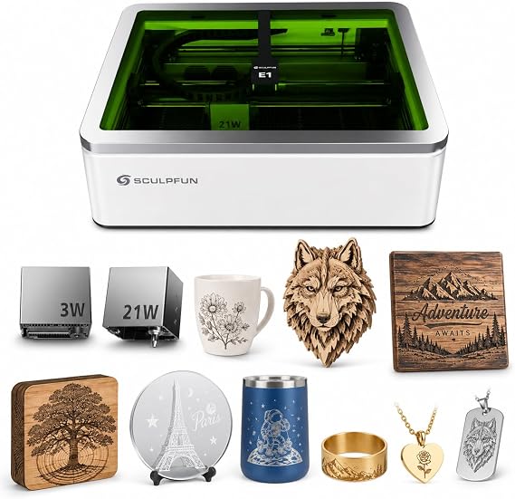SCULPFUN E1 Pro Dual Laser Engraver, 21W Diode, 3W Infrared, 400x320mm