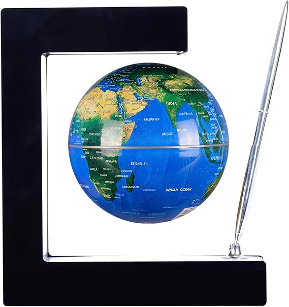 Personalized Magnetic Levitation Floating Globe with LED Light & Pen Color Changing World Map for Office Home Desk Gadget Decor Cool Stuff Birthday Gift for Men Kids Boss Boys (Blue)