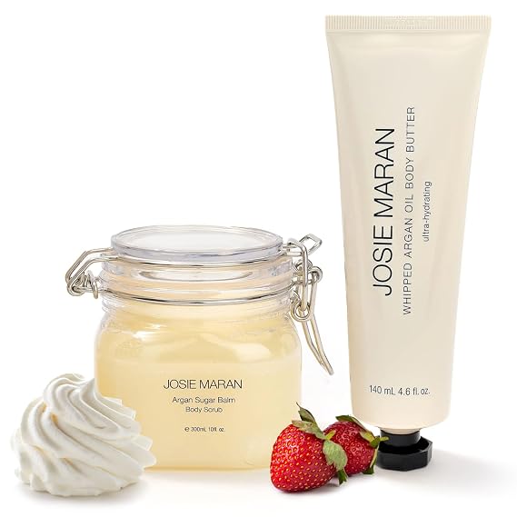 Josie Maran Bod Squad Body Care Set - Includes Argan Sugar Scrub & Body Butter - Nourishes Skin with Gentle Exfoliation and Intense Hydration - Strawberries and Whipped Cream (2 Count)