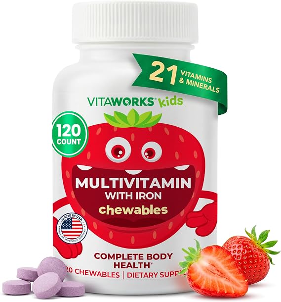 Kids Multivitamin with Iron & Minerals Chewable Tablets - Mixed Fruit Flavor - Vegetarian, GMO-Free, Nut Free - Dietary Supplement - Digestive Support for Children - 120 Chewables