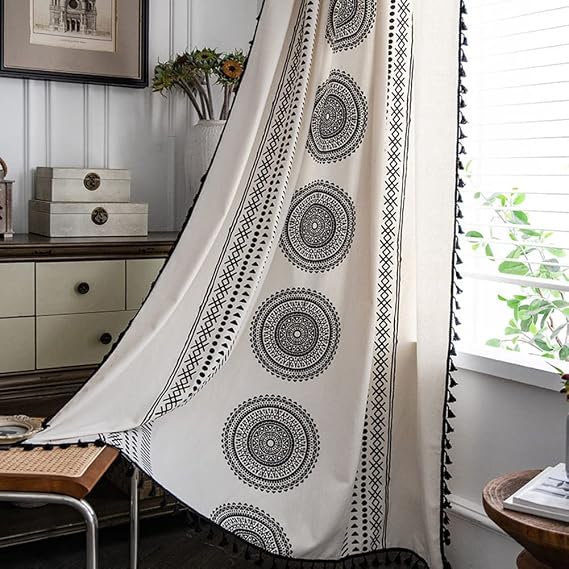 Blackout Boho Window Curtain Panel with Tassel, Bohemian Stripe Geometric Floral Printed Soft Curtain for Bedroom, Kitchen Darkening Linen Rod Pocket Drape Decor, 59" x 63", 1 Panel