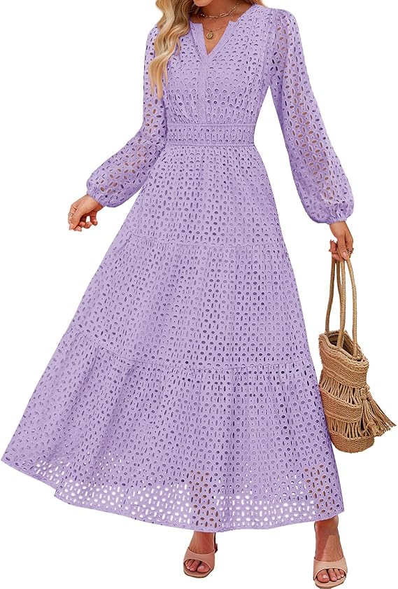 ZESICA Women's 2026 Fall Long Sleeve Eyelet Maxi Dress