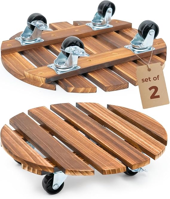 Bamworld Plant Caddy 14 Inch Wood Dolly with Wheels 2 Pack | Heavy-duty plant dollies hold up to 240 lb and use 360-degree locking casters indoors or outdoors.