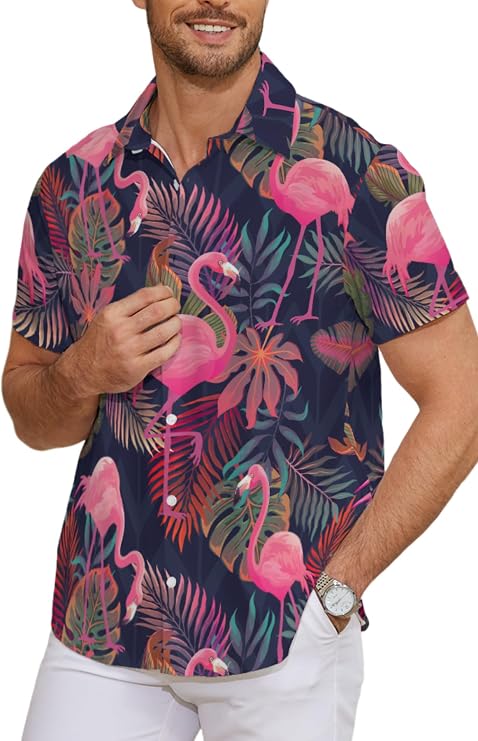 Hawaiian Shirt for Men Tropical Floral Button Down Shirt with Short Sleeve