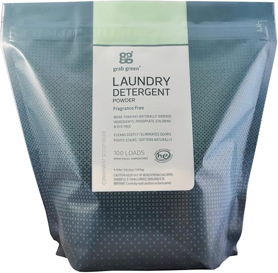 Grab Green 3-in-1 Laundry Detergent Powder, 4 lbs, 100 Loads, Unscented | Plant & Mineral-Based; Fights stains; Brightens Clothes; Free of phosphates, phthalates, chlorine, toxins, dyes