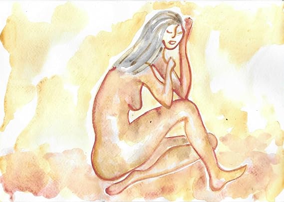 Nude Woman Minimalist Art, 7x10 Original Art, Unframed, Watercolors and Acrylics on Paper, Title: Contemplation, Certificate of Authenticity, Signed Artwork