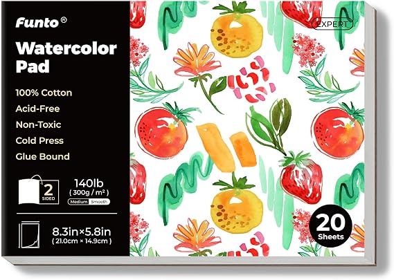 Funto Watercolor Pads, 100% Cotton, 20 Sheets, 8.3X 5.8, 140lb/300gsm, Glue Bound, Double-Sided, Easy Tear Heavyweight Art Paper for Painting