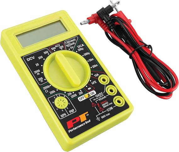 Performance Tool W2974 Digital Multimeter Voltmeter Tester | Measures AC/DC voltage, DC current, resistance and diode test. Automatic zero adjust. Includes two 32-inch leads