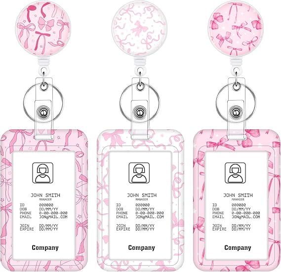 3 Pack Bow Badge Holder Set, Retractable ID Reel with Clip, Pink