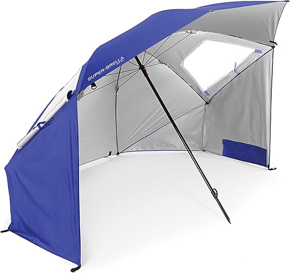 Sport-Brella Super-Brella UPF 50 Sun and Rain Canopy Umbrella, 8 Foot Portable Beach Shelter with Side Panels, Wind Flaps, and Carry Bag, Blue