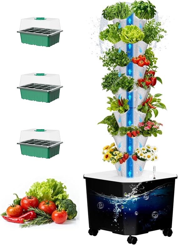 Vertical Hydroponic Tower Garden, 35 Pods 7-Layer Growing System | 2.5mm Extra-Thick Heavy-Duty Build, BPA-Free Modular Design, Smart Timer, Water Pump, Seed Trays for Indoor Outdoor