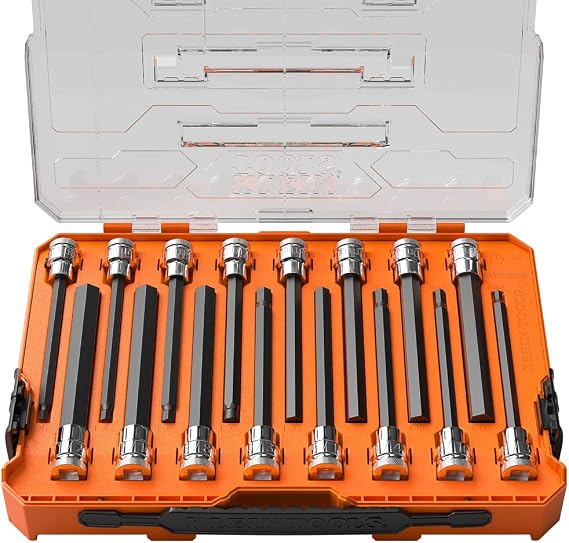Klein Tools 652216HEXL Long Hex Bit Socket Set, 16-Piece, SAE and Metric Socket Set, Long Hex Bits, MODbox Case