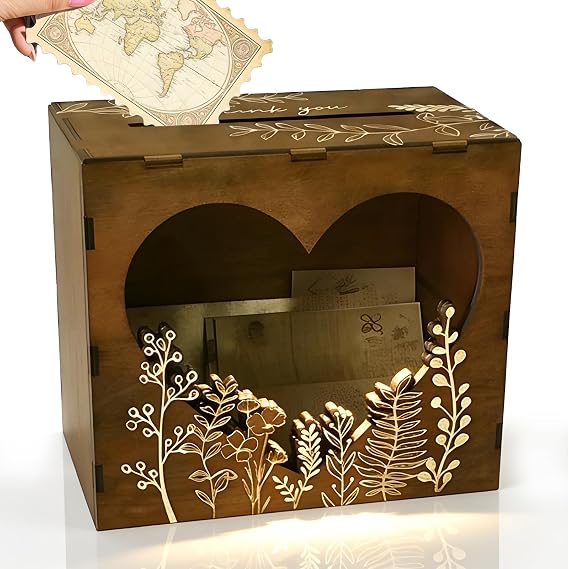 Chic Brown Wooden Wedding Card Box with Heart Acrylic Window and Flower Pattern, Stylish Card Box for Wedding Reception, Ideal Wedding Decorations for Reception, Versatile for Parties