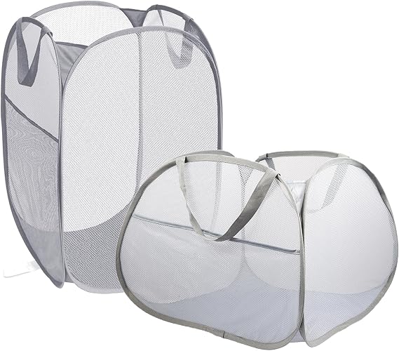 Collapsible Laundry Baskets with Handy Pocket, Sturdy Foldable Laundry Basket, Reinforced Mesh Dirty Clothes Hamper, Pop Up Hamper for Laundry, Dorm, Home