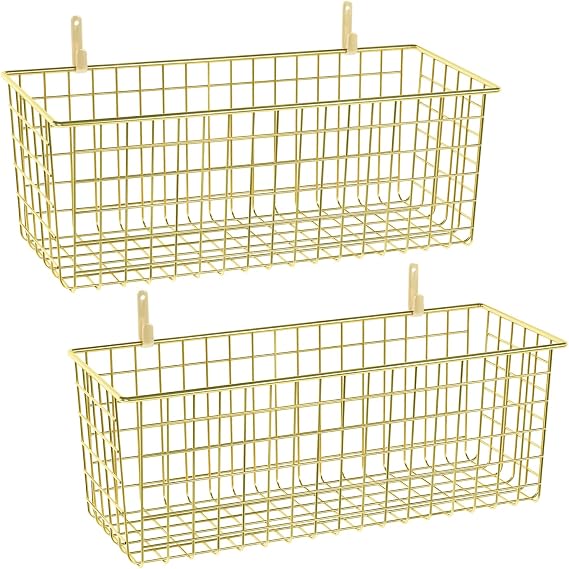 Kinlink 2 Sets Gold Extra Large Hanging Wall Basket with Steel Hooks