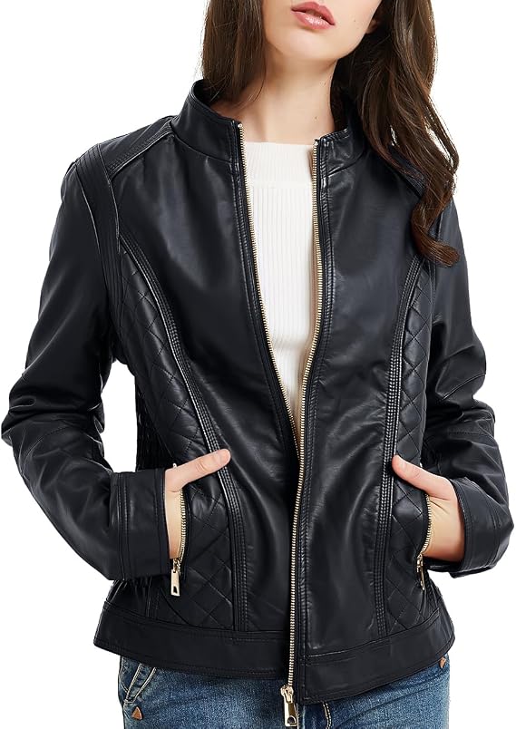 BELLIVERA Women's PU Leather Jacket (3 Colours) Biker Jacket with Zip Short Jacket for Autumn Spring