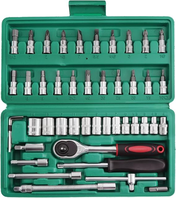46PCS Socket Wrench Set, Ratchet Socket Set, Metric Drive Socket Wrench Ratchet Tools Kit, Screwdriver Bits Auto Vehicle Repair Tool 1/4 Inch