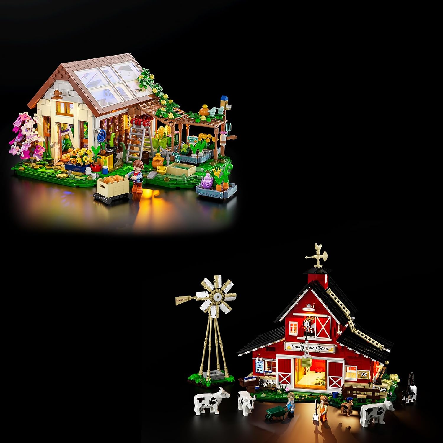 FUNWHOLE Farm Cow-Barn and Botanical-Garden Greenhouse Lighting Building-Bricks Set