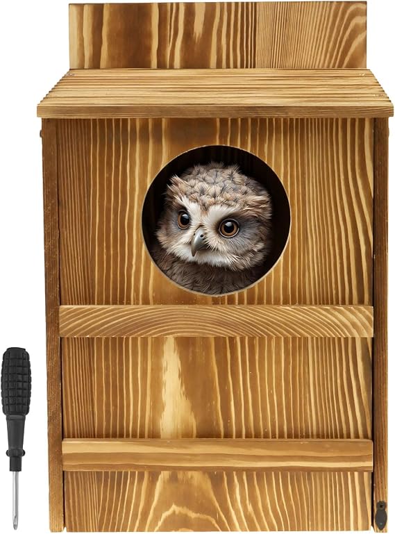 Owl House, Circular Opening Wood Owl Nesting Box, Large Size Bird Box with 2 Scratching Poles on the Outside, Assembly Required, with Mounting Screws, for Gardens