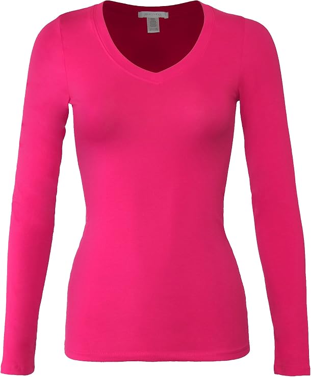 Bozzolo Women's RT1201 Basic V-Neck Long Sleeve T Shirt Top D.Fuchsia S