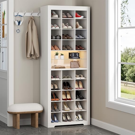 11-Tier Shoe Storage Cabinet, Wooden White Shoe Rack with 27 Cubbies | 69" Tall Free Standing Shoe Organizer with LED Lights & Adjustable Shelf for Closet, Display Cabinet for Living Room
