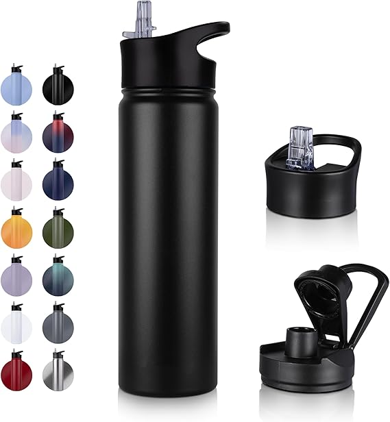 Edelstahl Trinkflasche - 750ml - mit StrohhalmAuslaufsicherKohlensäure GeeignetBPA frei Thermosflasche(+2 Deckel) Vakuum Doppelwandisolierung für SportReisenCampingSchuleFahrradGym